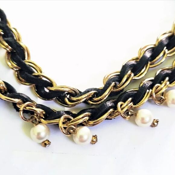 Ann Taylor Goldtone Chain Black Cord & Faux Pearl Necklace 29" - Picture 4 of 5